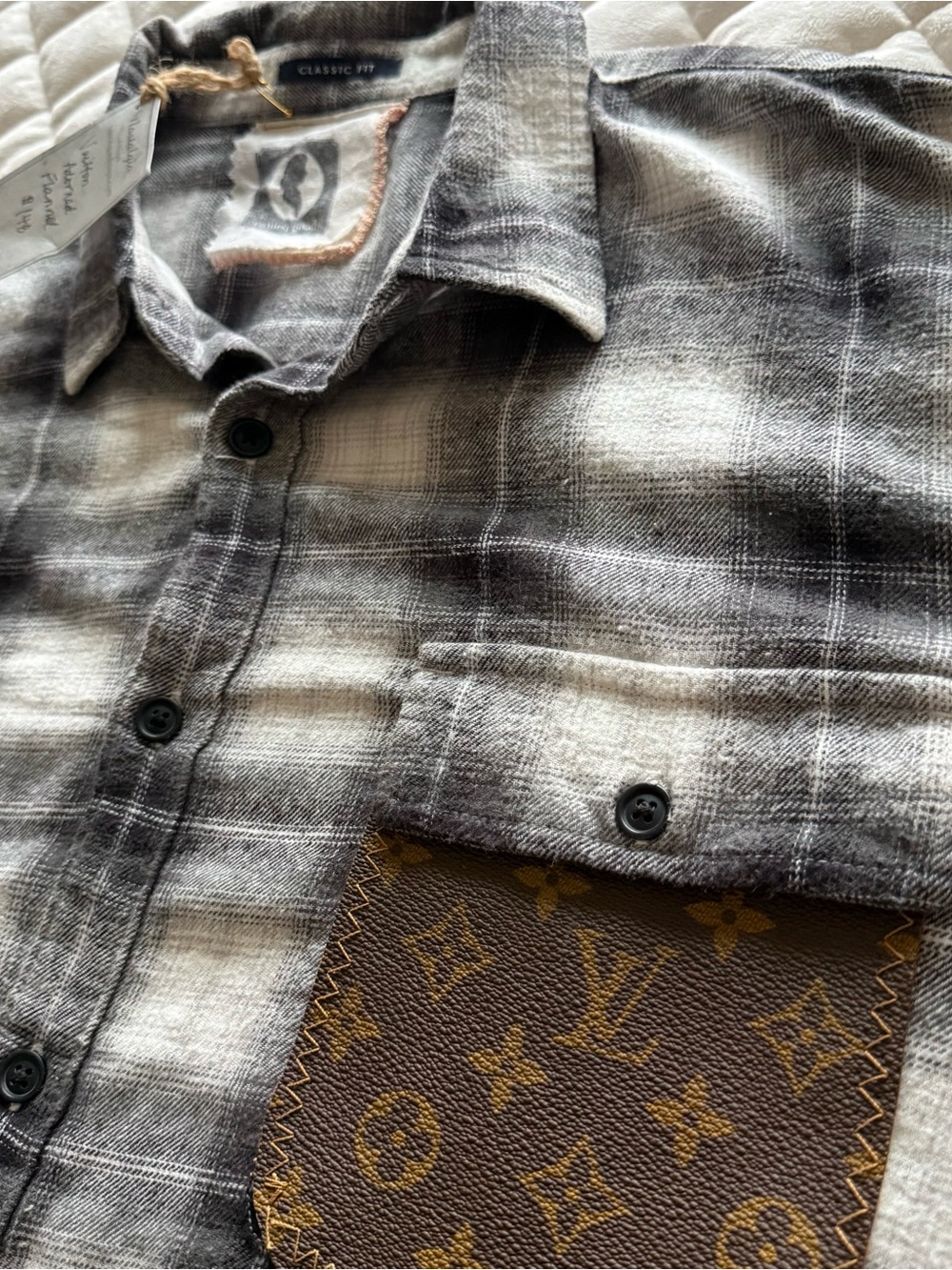 Women’s Up-cycled Louis Vuitton Monogram Pocket Plaid Flannel Shirt Size XL